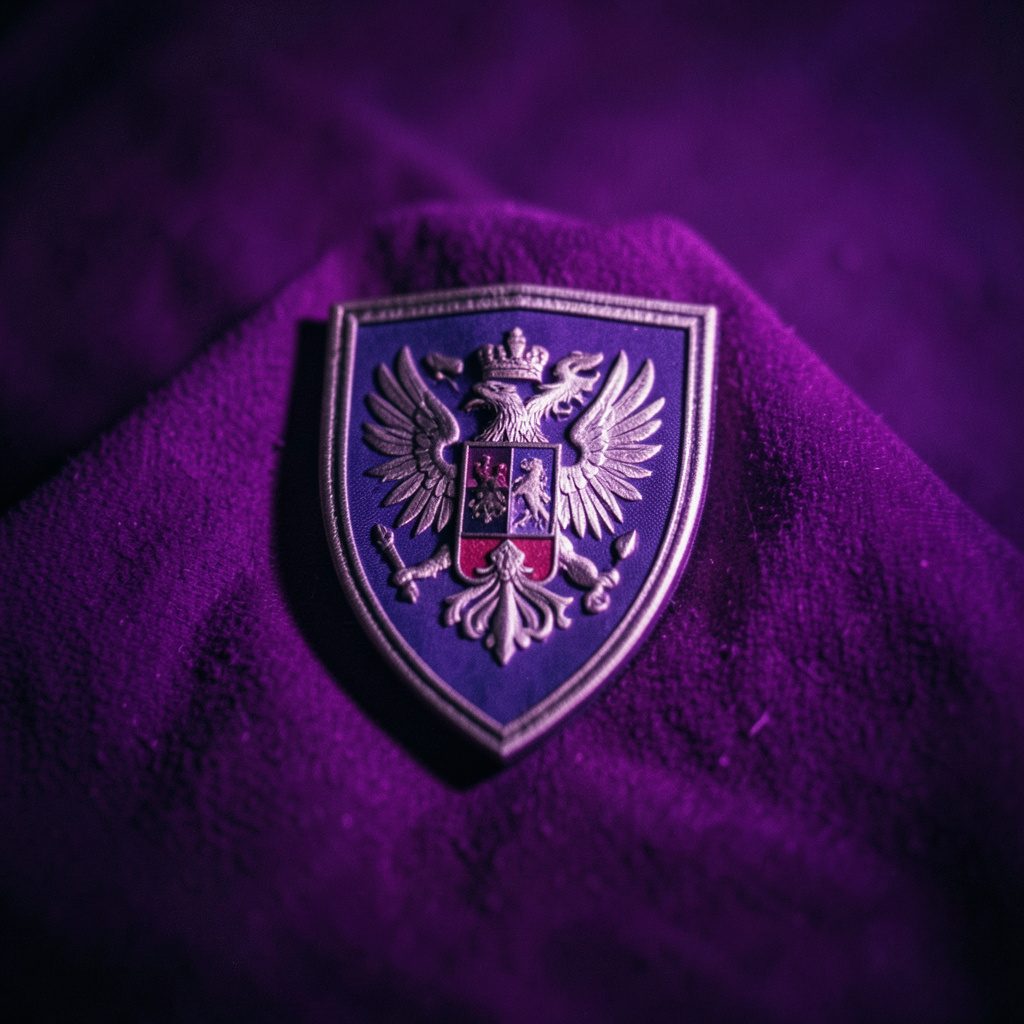 Cuadrado decorativo en violeta y blanco con un escudo institucional estilizado, fondo claro y detalles geométricos